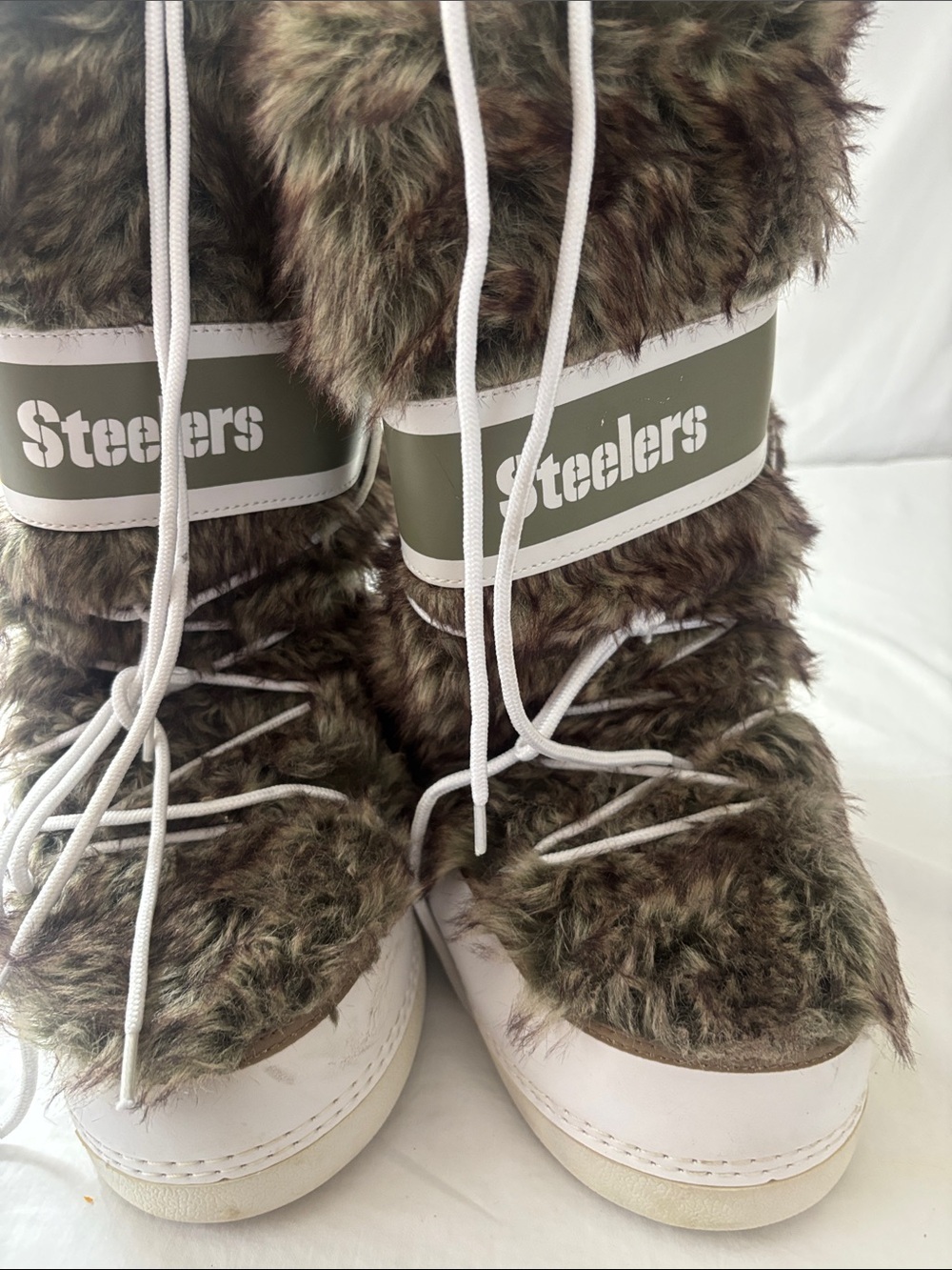 Women’s Faux-Fur Lace-Up Boots in Olive Brown - Accent. Steelers Name Logo
